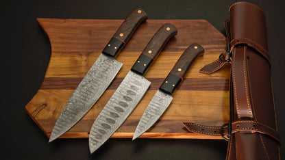 Wangi Wood - Handmade Damascus Steel Chef Knife Set With Leather Roll Kit