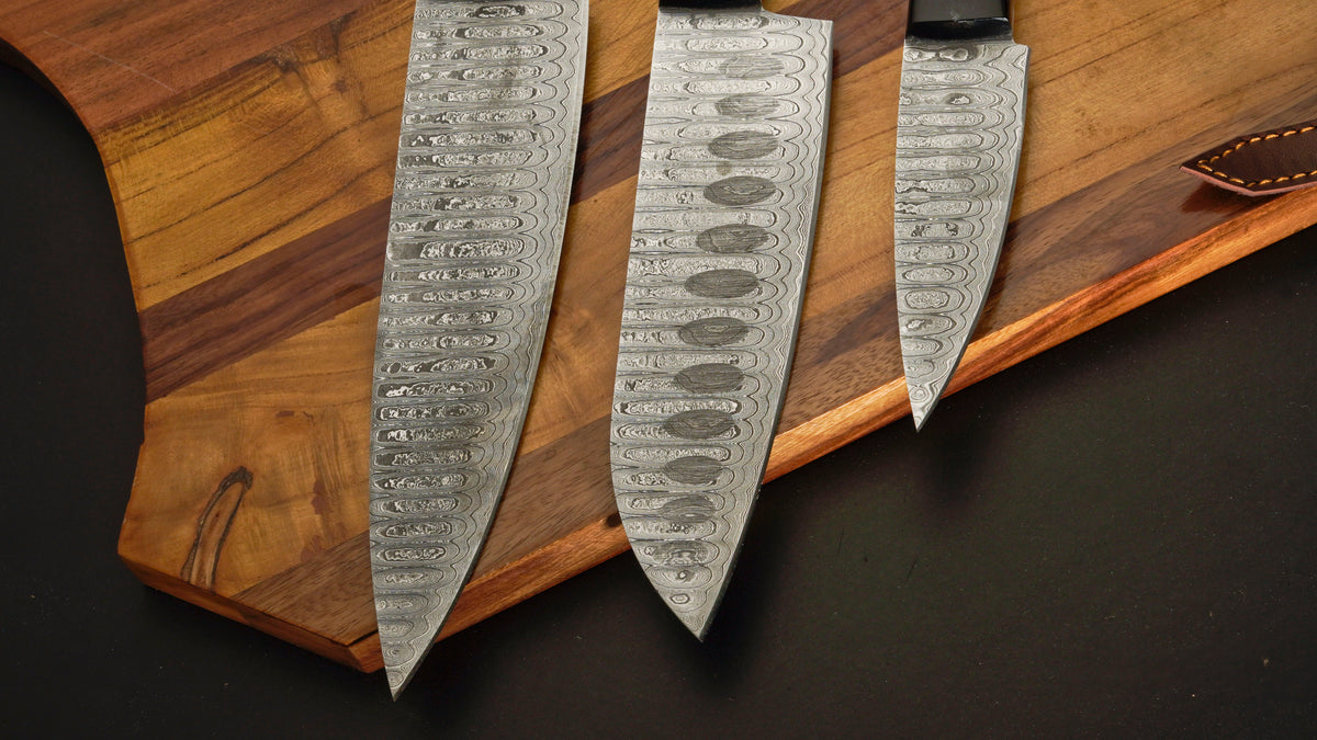 Wangi Wood - Handmade Damascus Steel Chef Knife Set With Leather Roll Kit