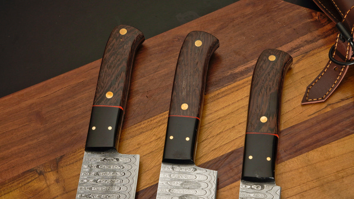Wangi Wood - Handmade Damascus Steel Chef Knife Set With Leather Roll Kit