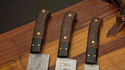 Wangi Wood - Handmade Damascus Steel Chef Knife Set With Leather Roll Kit