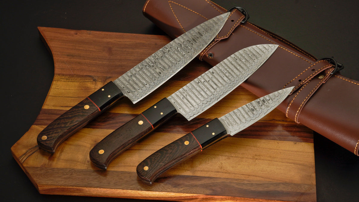 Wangi Wood - Handmade Damascus Steel Chef Knife Set With Leather Roll Kit