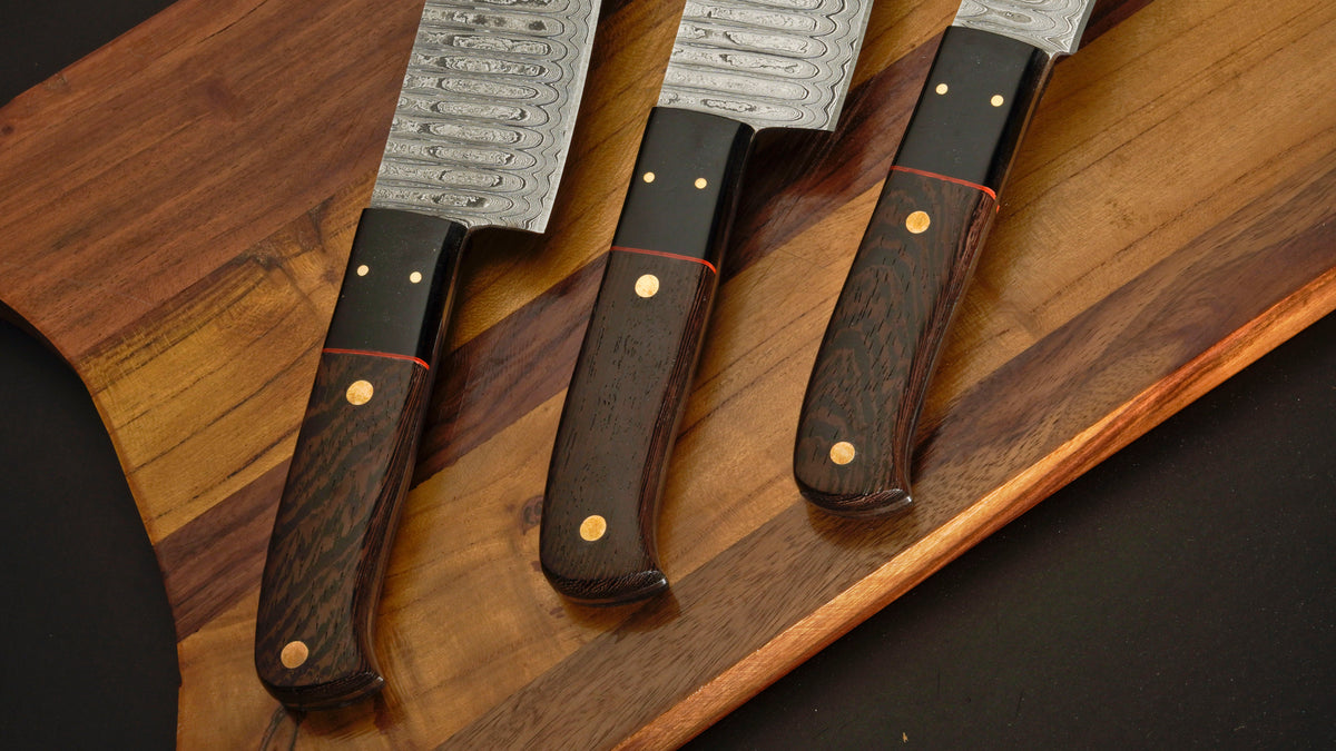 Wangi Wood - Handmade Damascus Steel Chef Knife Set With Leather Roll Kit