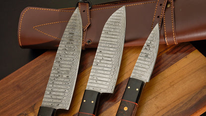 Wangi Wood - Handmade Damascus Steel Chef Knife Set With Leather Roll Kit