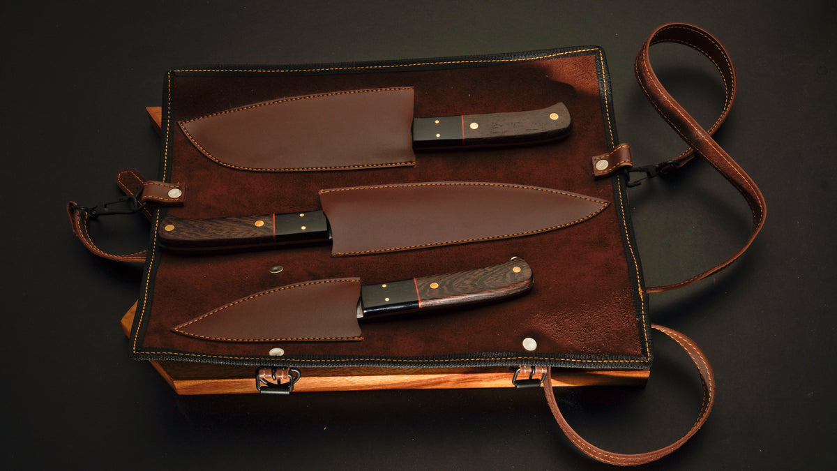 Wangi Wood - Handmade Damascus Steel Chef Knife Set With Leather Roll Kit
