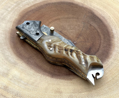 Ramhorn EDC Daily Carry | Damascus Steel | Pocket Folding Knife by SacredBlade