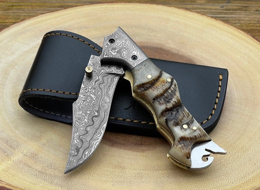 Ramhorn EDC Daily Carry | Damascus Steel | Pocket Folding Knife by SacredBlade